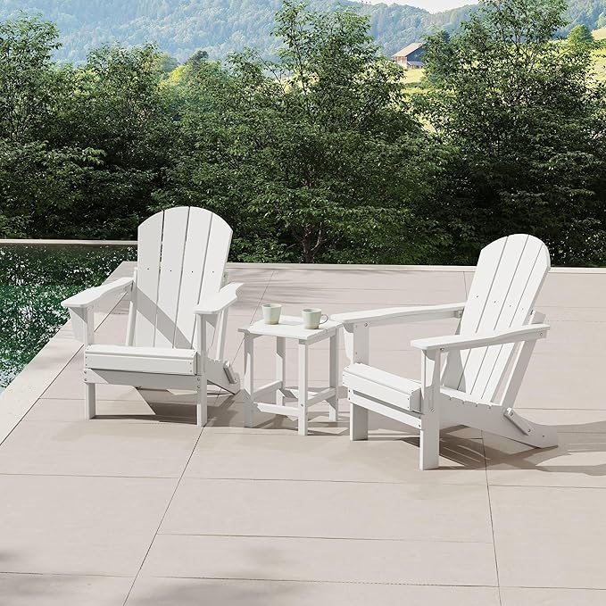 WestinTrends Malibu 3-Pieces Adirondack Chairs Set with Side Table, All Weather Outdoor Seating Plastic Patio Lawn Chair Folding for Outside Porch Deck Backyard, White