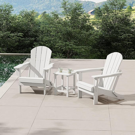 WestinTrends Malibu 3-Pieces Adirondack Chairs Set with Side Table, All Weather Outdoor Seating Plastic Patio Lawn Chair Folding for Outside Porch Deck Backyard, White