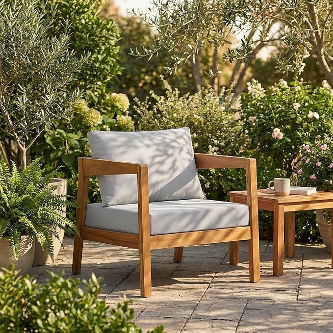 Christopher Knight Home Grice Acacia Wood Lounge Chair Outdoor with Removable Cushion, Wooden Patio Accent Chair with Open Frame Design, Outdoor Armchair for Patio Furniture Set, Light Grey + Teak