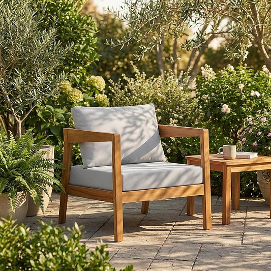 Christopher Knight Home Grice Acacia Wood Lounge Chair Outdoor with Removable Cushion, Wooden Patio Accent Chair with Open Frame Design, Outdoor Armchair for Patio Furniture Set, Light Grey + Teak