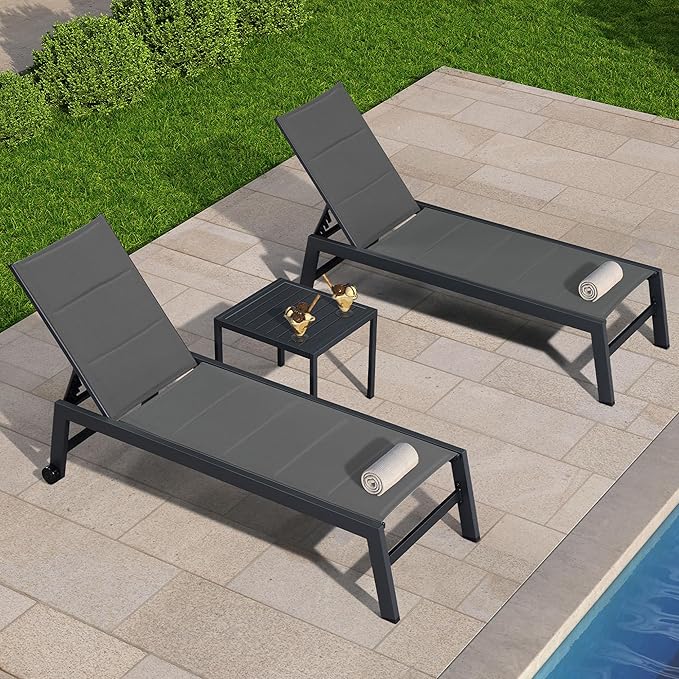 PURPLE LEAF Outdoor Chaise Lounge Set of 4 Aluminum Lounger with Wheels and Side Tables Recliner Chair for Backyard Poolside Grey Patio Lounge Chair