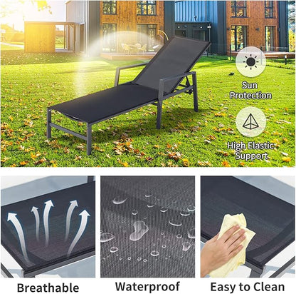 Aluminum Chaise Lounge Chairs Set of 2,5 Adjustable Outdoor Lounge Chaise Chairs,Patio Chaise Lounge with Armrests,for Beach Poolside,Balcony,Yard(Black)