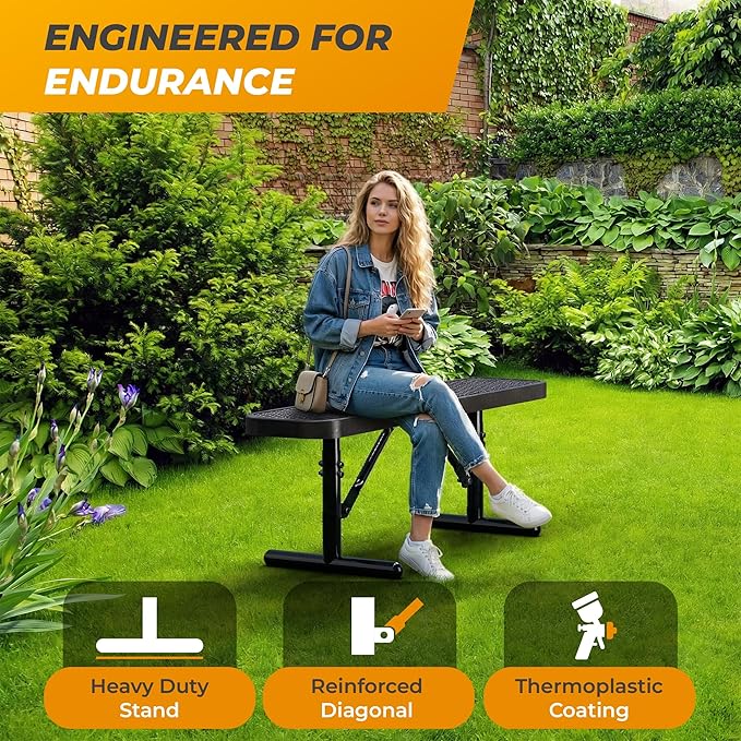 Heavy-Duty Outdoor Metal Bench, Thermoplastic-Coated, Portable, Weatherproof, Commercial-Grade for Parks, Gardens, Patios, Stores & More (4 Ft - Portable, Black)
