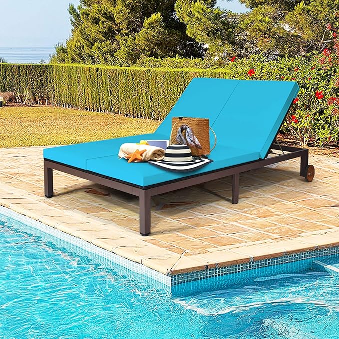 DORTALA 2-Person Patio Rattan Recliner Chair W/Wheels, Double Wicker Daybed Chaise Lounge Chair with Adjustable Backrest, Outdoor Furniture Conversation Set for Garden Lawn, Turquoise