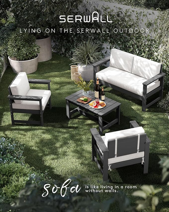 SERWALL 3 Pieces HDPE Outdoor Sofa Bistro Set with Cushions, Outdoor Furniture Sofa Sets with Coffee Table and Cushions - Photo 7