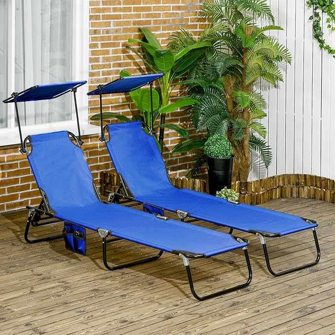 Outsunny Folding Chaise Lounge Pool Lounge Chairs Set of 2, Outdoor Sun Tanning Chairs with Canopy Shade, Reclining Back, Steel Frame and Side Pocket for Beach, Yard, Patio, Blue