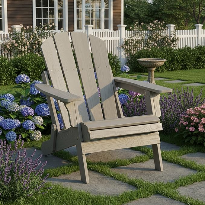 Oversize Embossed Wooden Outdoor Folding Adirondack Chair with Pre-Assembled BackRest & SeatBoard, Wood Patio Chair for Garden Backyard Porch Pool Deck Firepit