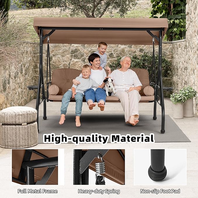 HOMREST 3 Seat Outdoor Porch Swing with Adjustable Canopy, Convertible Patio Swing Bed with Stand - Photo 4