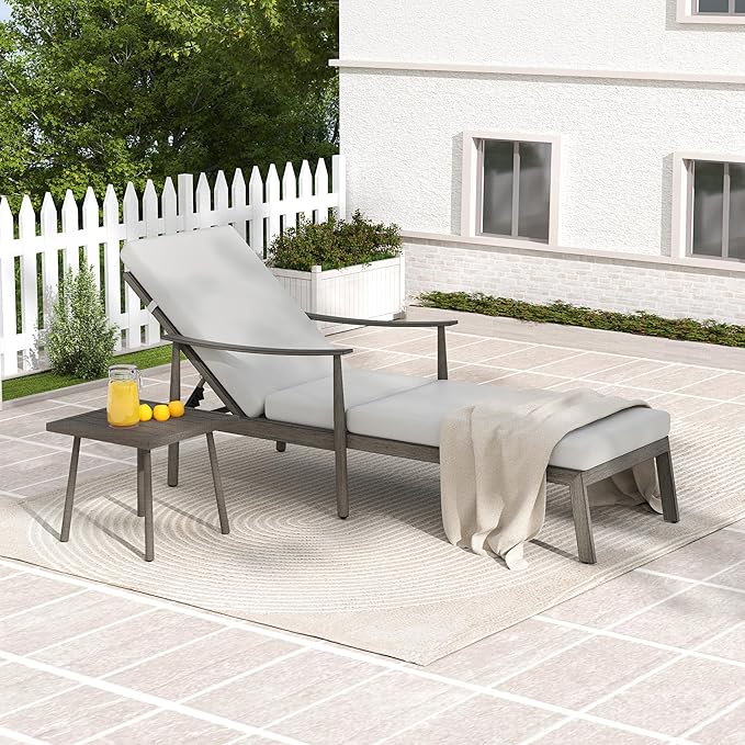 HAPPATIO Outdoor Chaise Lounge Set of 2, Aluminum Pool Lounge Chair with Adjustable Backrest, Cushion, Curved Armrest, and Side Table, Outdoor Lounge Chair for Beach, Yard, or Poolside (Grey)