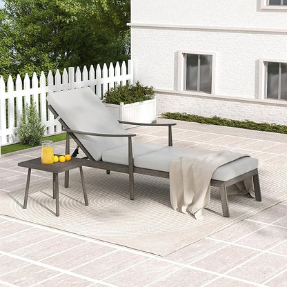 HAPPATIO Outdoor Chaise Lounge Set of 2, Aluminum Pool Lounge Chair with Adjustable Backrest, Cushion, Curved Armrest, and Side Table, Outdoor Lounge Chair for Beach, Yard, or Poolside (Grey)