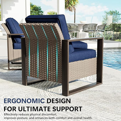 Patio Chairs Set of 2, Outdoor Wicker Chair Metal Patio Furniture with Deep Seating, Thicken Cushions for Deck, Porch, Yard Use (Blue, 2 PCS/Chairs)