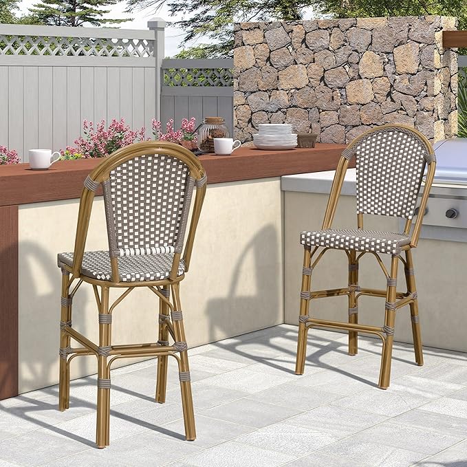 PURPLE LEAF French Bar Stool Set of 4 Bamboo Print Finish Patio Bar Stools with Back Wicker Bar Height Stool 30" with - Photo 8