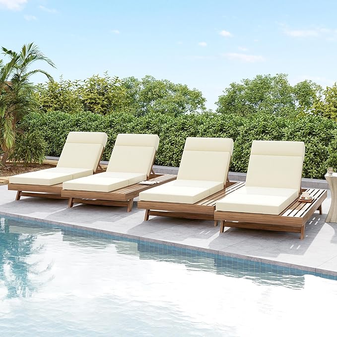 espidoo Adjustable Outdoor Chaise Lounge: 4-Position Recline with 5.75" Headrest - 800lb Capacity Acacia Wood Frame & 4-Inch Water-Resistant Cushion for Poolside Patio - Beige/Light Brown