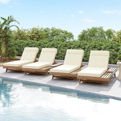 espidoo Adjustable Outdoor Chaise Lounge: 4-Position Recline with 5.75" Headrest - 800lb Capacity Acacia Wood Frame & 4-Inch Water-Resistant Cushion for Poolside Patio - Beige/Light Brown