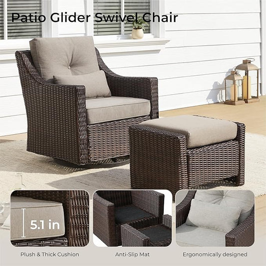 CHITA 5 Pieces Swivel Wicker Patio Furniture Set, Outdoor Conversation Set with 2 Pieces Rattan Rocking Swivel Chairs, 2 Pieces Ottomans, Thickened Cushions and Side Table
