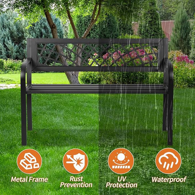 BSTOPHKL Outdoor Bench,Patio Garden Benches,Metal Weatherproof Porch Bench with Grid-Patterned Backrest and Armrest for Park Courtyard Porch,Bearing Capacity 480lbs,Black
