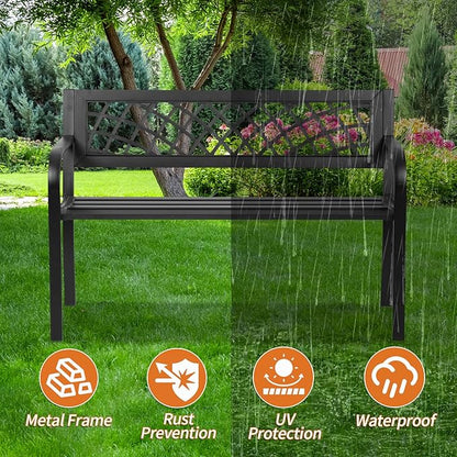 BSTOPHKL Outdoor Bench,Patio Garden Benches,Metal Weatherproof Porch Bench with Grid-Patterned Backrest and Armrest for Park Courtyard Porch,Bearing Capacity 480lbs,Black
