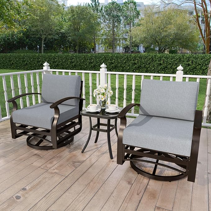 Kurapika 3 Pieces Patio Furniture Set, Outdoor Aluminum Rocking Chair, Patio Bistro Set Swivel Gliders Rocker with Thickened Cushions and Side Table for Porch Garden Deck(Grey)