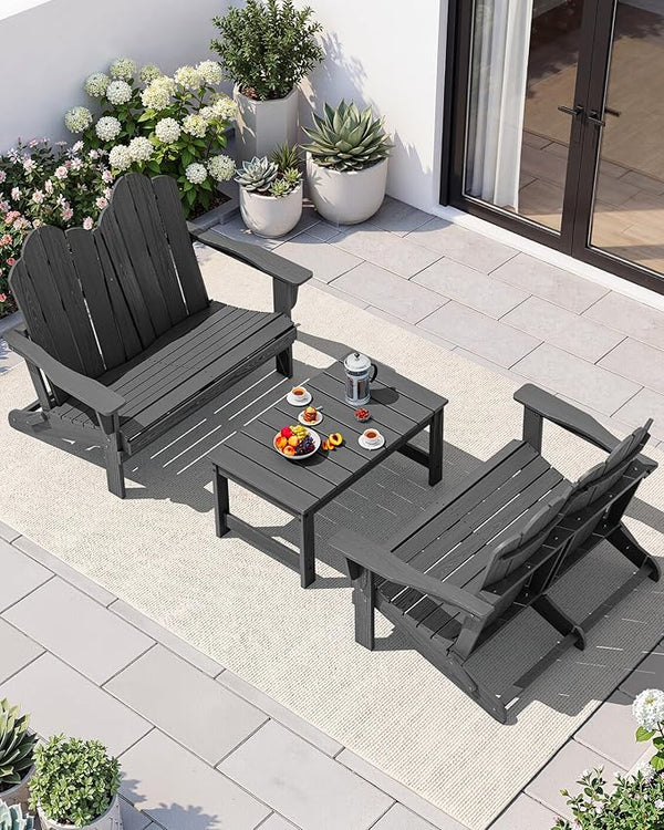 SERWALL Outdoor Patio Adirondack Set, 2 Folding Adirondack Bench & 1 Coffee Table with Umbrella Hole - Photo 1