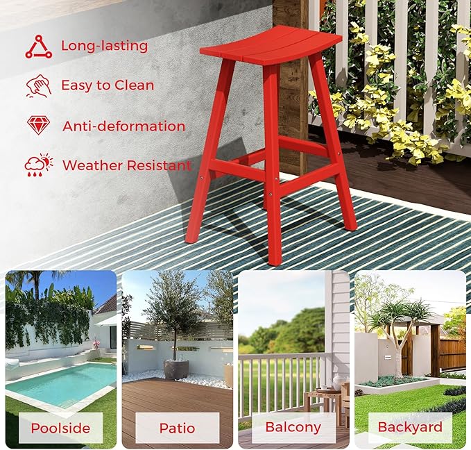 Costaelm All-Weather Bar Stools Set of 3, 29" Height Outdoor Bar Stools, Adirondack Poly Patio Bar Stool for Patio, Deck, Kitchen Counter and Garden, Red