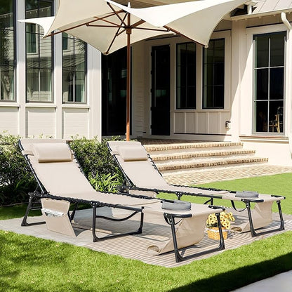 Flamaker Face Down Chaise Lounge Chair 5-Position Adjustable Sunbathing, Foldable Tanning Chair with Face& Arm Holes, Outdoor Recliner Chair for Pool, Beach, Patio, Lawn (Beige, 1 Pcs)