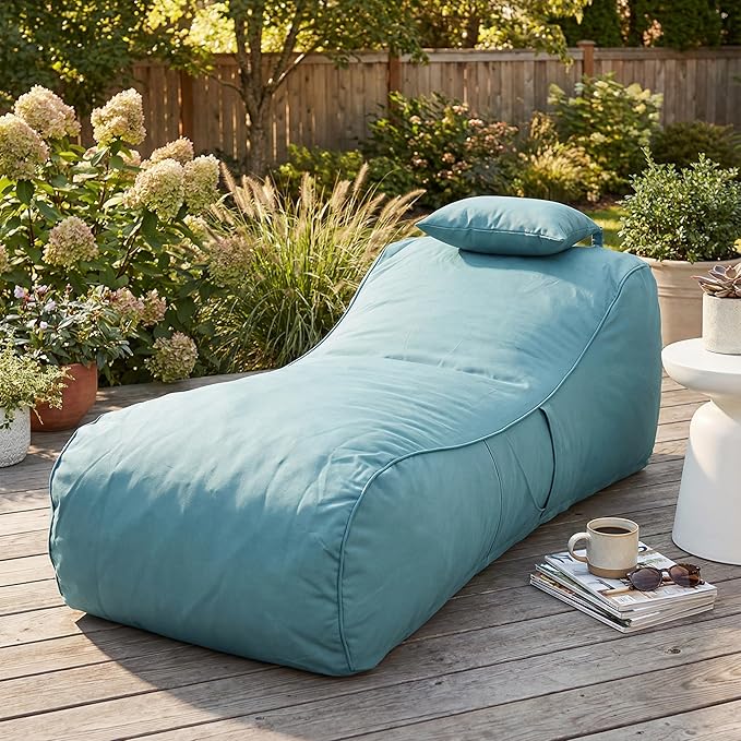 Christopher Knight Home Morton Outdoor Bean Bag Chair, Fabric Bean Bag Chair for Adults and Kids, Indoor/Outdoor Sun Lounger with Headrest, Patio Chaise Lounge Chair, Teal