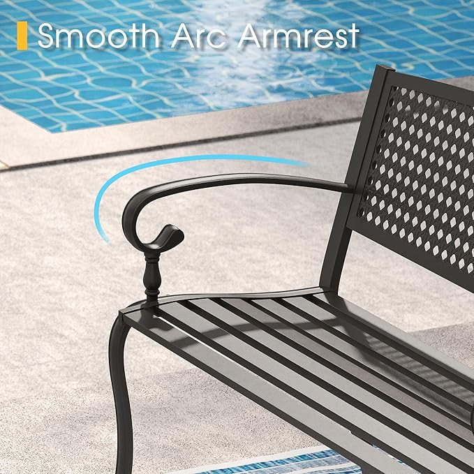 VICLLAX Outdoor Garden Bench, 50” Long Metal Patio Bench with Backrest and Armrests, Modern Slatted Black Park Bench for Front Porch, Lawn, Yard, Garden, Square Pattern Back