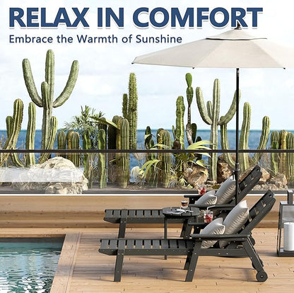 Patio Chaise Lounge Chair, HDPE Outdoor Lounge Chairs with 5-Position Adjustable Backrest, Cup Holder and Wheels, 450lbs Capacity for Poolside Deck Backyard, All Weather Material(Gray)