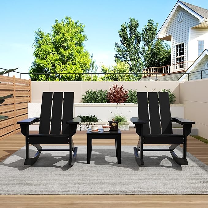 WO WESTIN OUTDOOR HDPE Shoreside Modern Rocking Poly Adirondack Chair (Set of 2),Black