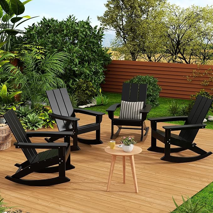 WestinTrends Ashore Patio Rocking Chairs Set of 2, All Weather Poly Lumber Plank Adirondack Rocker Chair, Modern Farmhouse Black Rocking Chairs for Porch Garden Backyard and Indoor