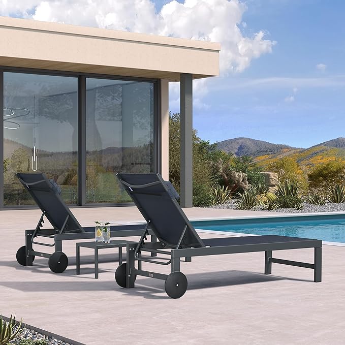 PURPLE LEAF Patio Lounge Chair Set of 3 Outdoor Chaise Lounger Aluminum Frame with Side Table and Wheels for Pool - Photo 2