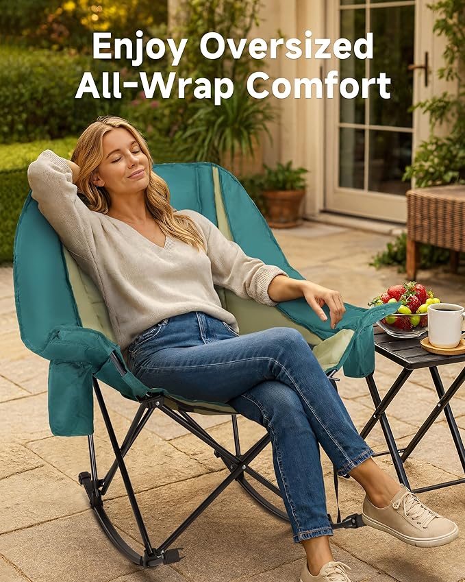 Slsy Oversized Rocking Camping Chair for Adults, 400 lbs Heavy Duty Padded Recliner with Side Pocket, Cup Holder & Carry Bag, Foldable Outdoor Lawn Chair for Patio, Backyard, or Camp