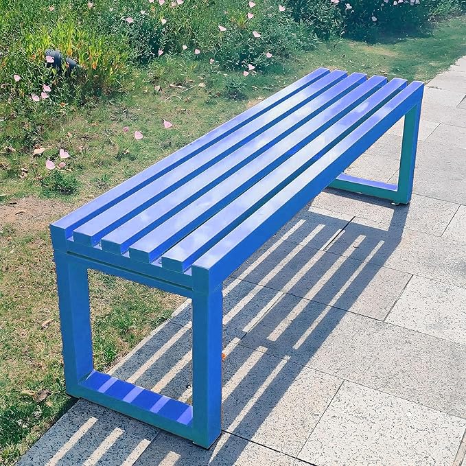 Weatherproof 47in Metal Garden Bench, Backless Cast Iron Patio Seating - Stylish Blue Outdoor Furniture for Lawn, Park & Porch Decor