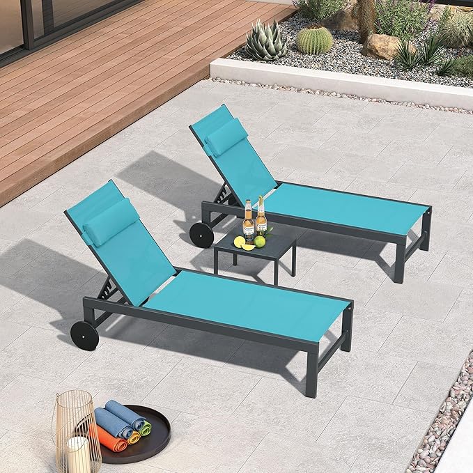 PURPLE LEAF Patio Lounge Chair Set Outdoor Chaise Lounger Aluminum Frame with 2 Side Table and Wheels for Pool Outside Sunbathing Tanning Recliner Including Pillows Turquoise Blue