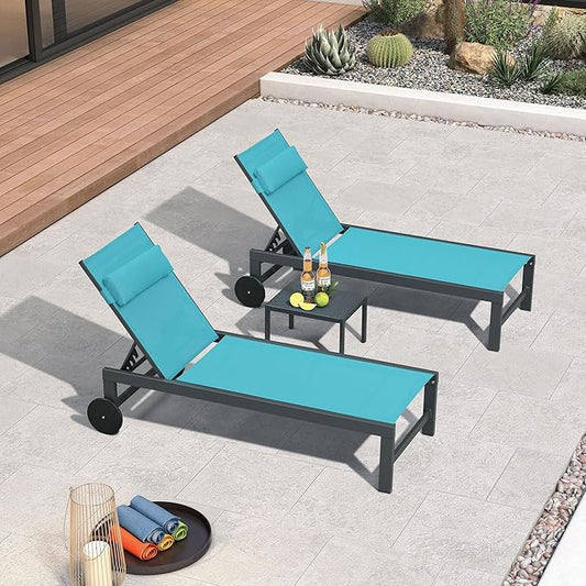 PURPLE LEAF Patio Lounge Chair Set Outdoor Chaise Lounger Aluminum Frame with 2 Side Table and Wheels for Pool Outside Sunbathing Tanning Recliner Including Pillows Turquoise Blue