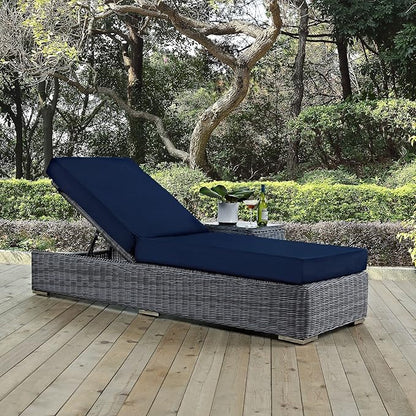 Modway Summon Wicker Rattan Aluminum Outdoor Patio Poolside Chaise Lounge Chair with Sunbrella® Fabric Cushions in Canvas Navy