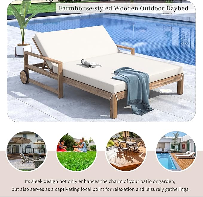 Farmhouse Wooden Outdoor Sunbed, Ultimate Relaxation Patio Daybed Seating with Adjustable Backrest and Movable Wheels - Photo 8