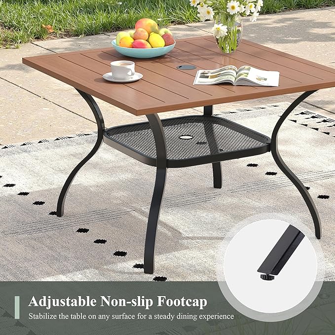 Outdoor Dining Table with Adjustable Umbrella Hole, 37.8" All-Weather Square Patio Dining Table for 4, Metal Patio Table for Garden Lawn Porch Deck Yard, Walnut