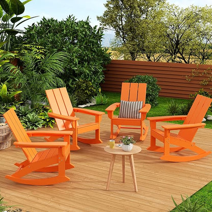 WestinTrends Ashore Patio Rocking Chair, All Weather Poly Lumber Plank Adirondack Rocker Chair, Modern Farmhouse Outdoor Rocking Chairs for Porch Garden Backyard and Indoor, Orange