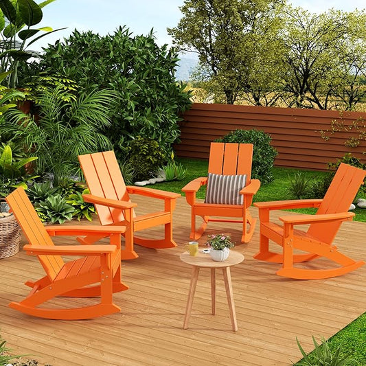 WestinTrends Ashore Patio Rocking Chairs Set of 4, All Weather Poly Lumber Plank Adirondack Rocker Chair, Modern Farmhouse Outdoor Rocking Chairs for Porch Garden Backyard and Indoor, Orange