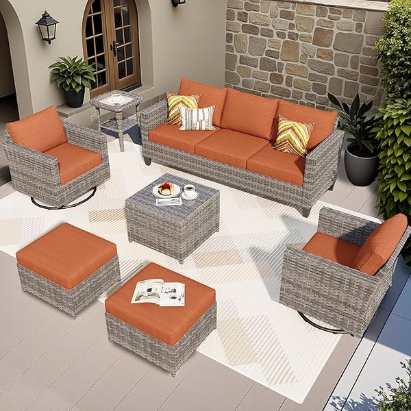 ovios Patio Furniture Set, 7 Pieces Outdoor Wicker Sofa Couch with Swivel Rocking Chairs Glass Table Comfy Cushions - Photo 1