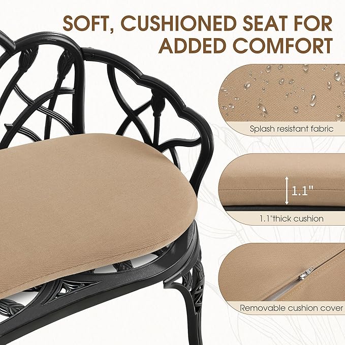 Outdoor Bench with Cushion, Cast Aluminum Double Seating with Backrest and Armrests, Mental Outdoor Furniture for Patio, Porch, Garden, Park, Black Tulip