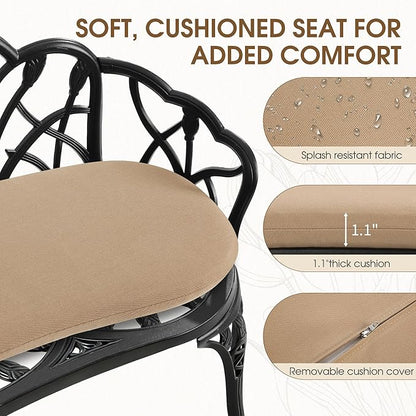 Outdoor Bench with Cushion, Cast Aluminum Double Seating with Backrest and Armrests, Mental Outdoor Furniture for Patio, Porch, Garden, Park, Black Tulip