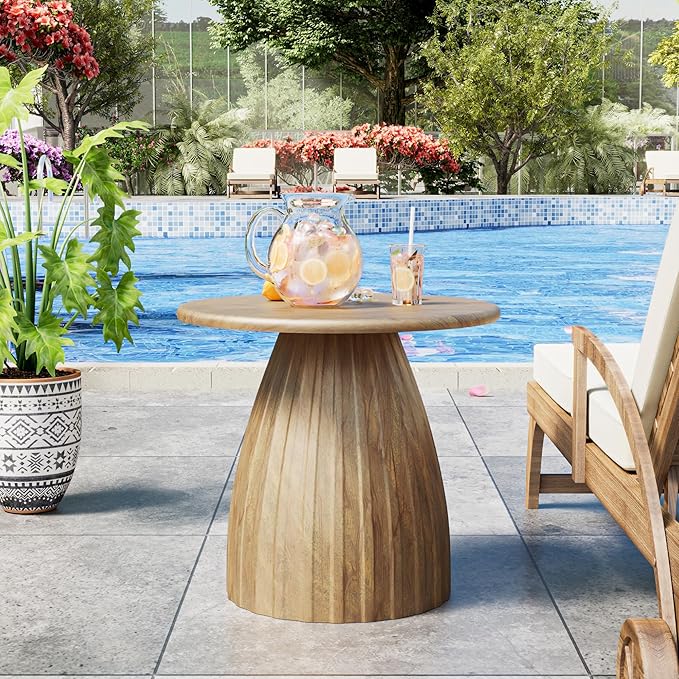 Metal Small Patio Table Set of 2, Round Outdoor Side Table, Wood Color Outdoor Accent Patio End Table, for Garden, Pool, Deck, Balcony, Yard, Living Room, Weather Resistant, No Assembly