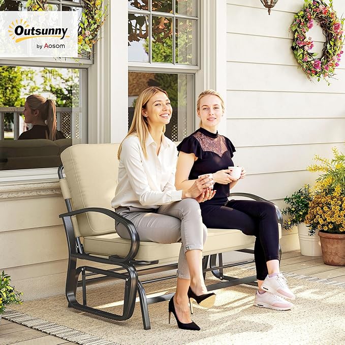 Outsunny Outdoor Glider Bench, 2-Person Patio Rocker Loveseat with Tufted Cushions, Steel Frame for Porch, Garden Backyard, Beige