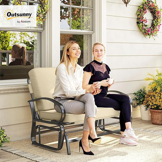 Outsunny Outdoor Glider Bench, 2-Person Patio Rocker Loveseat with Tufted Cushions, Steel Frame for Porch, Garden Backyard, Beige