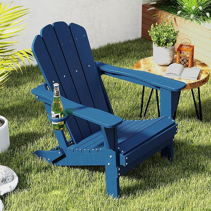 Domi Folding Adirondack Chair, HDPE All-Weather Outdoor Chair with Cup Holder, Wooden Textured Fire Pit Chair for Backyard, Patio, Poolside & Deck, Navy Blue