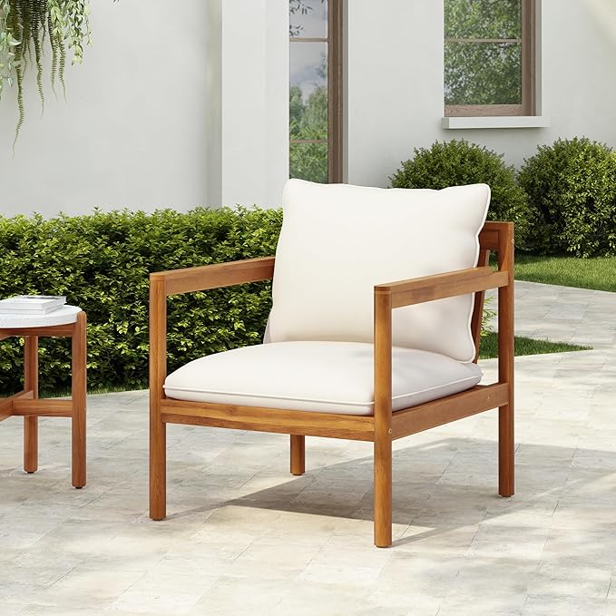 Christopher Knight Home Krixi Acacia Wood Lounge Chair Outdoor with Rope Accent, Accent Chair with Water-Repellent Cushions, Comfy Chairs for Garden/Backyard, Heavy Duty Patio Furniture, Teak + Cream
