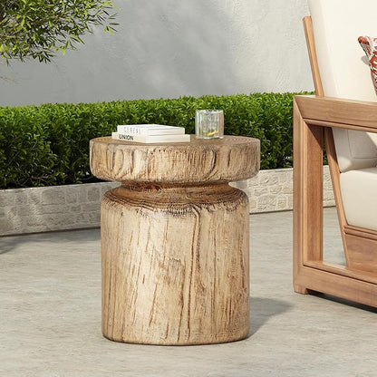 Christopher Knight Home Pawn 17" H MGO Outdoor Side Table with Tree-Stump Design, Patio Decorative Wood-Like Texture End Table, Round Top Lightweight Concrete Garden Stool, No Assembly, Natural