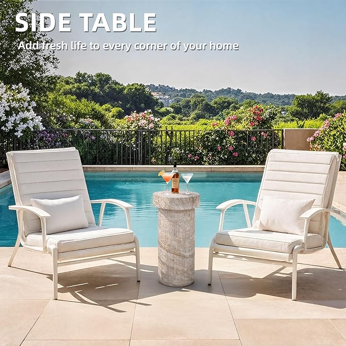 Side Table, 24" Pedestal End Table, 3-in-1 Durable Lightweight Round Coffee Table, Decorative Patio Accent Table Fluted Garden Stool Art Decor for Poolside, Balcony, Living Room, Beige